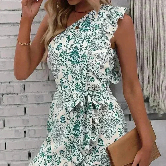 Green Boho Women's Floral Print One Shoulder Ruffle Trim Wrap Hem Belted Dress - Picture 2 of 6